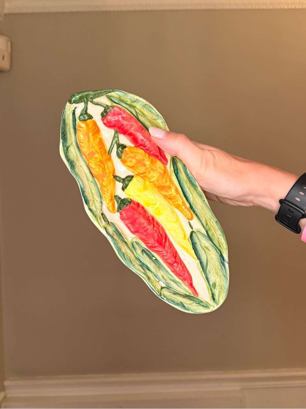 Hand-Painted Chili Pepper Ceramic Platter - Red, Yellow, Orange, Green